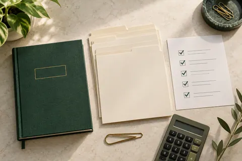 An organized ledger, neatly filed documents, completed checklist, and calculator